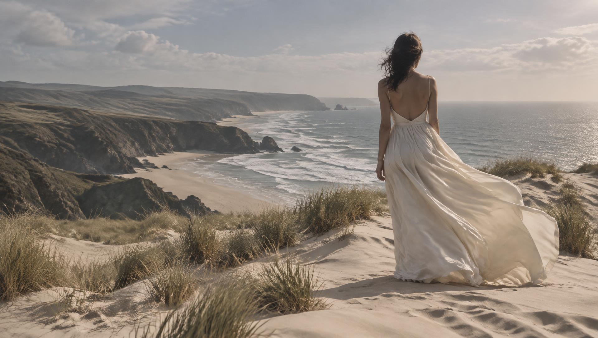 A woman in an ivory dress overlooking the Atlantic coast